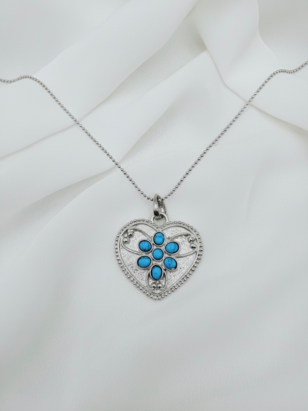 Silver-Tone Heart Pendant Necklace with Turquoise Blue Floral Stones - Picture 3 of 4